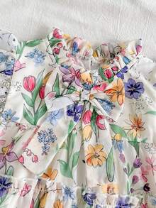 SHEIN Vintaside Kids Đầm dự tiệc họa tiết hoa, nơ trang trí, thời trang cho bé gái, thích hợp cho mùa xuân, hè, thu, ở nhà, đi nghỉ mát, lễ hội, dự tiệc và mặc hàng ngày. - Màu vàng - Xem 12