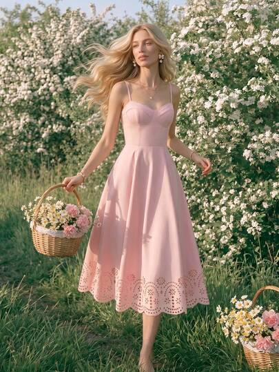 SHEIN Glamour Đầm chữ A màu hồng dây mảnh phối ren buộc sau lưng dành cho nữ, đầm thời trang đi nghỉ mát, thanh lịch, đa năng, đầm hồng nữ, đầm dài nữ