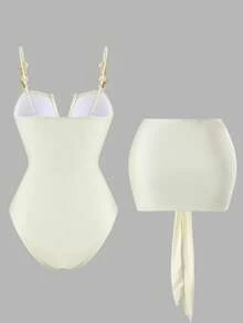 Swim Oasis Conjunto de traje de baño de una pieza con cuello en V profundo, fruncido, con cuentas y textura elegante, y falda envolvente a juego, para mujer, ideal para primavera, verano y otoño en playas y resorts de lujo - Albaricoque - Ver 2