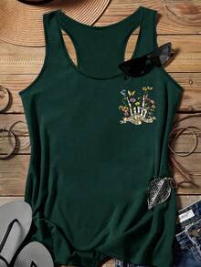 SHEIN LUNE Casual Minimalist Skull & Floral Print Camisole Tank Top, Suitable For Summer, Plus Size - Dark Green - View 6