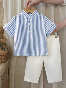 SHEIN Vintaside Kids 两件套男婴可爱休闲条纹polo衫和松紧腰条纹裤套装，适合生日派对、晚宴、演出、婚礼、婴儿派对等场合。 - 藍色 - 查看 4