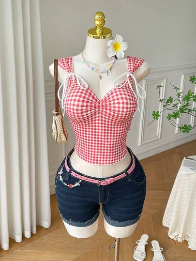 Comfortcana Blusa sin mangas con lazo y estampado de cuadros rojos, y camiseta de tirantes, talla grande, para verano
