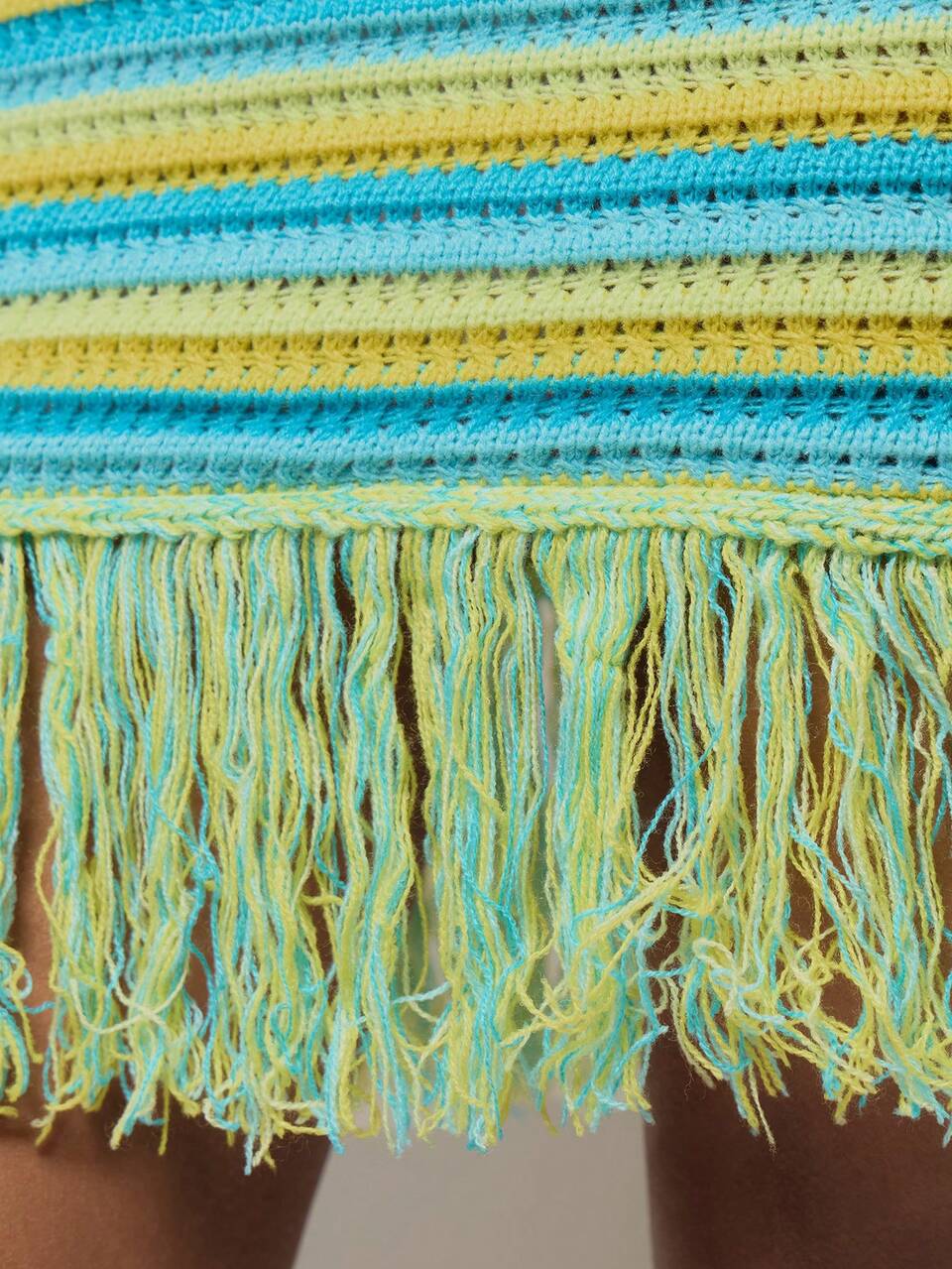 Green And Yellow Crochet Knit Beaded Fringed Fitted Mini Dress Autumn Vacation Holiday Festival Rave Vacation Beach Carnival Tropical