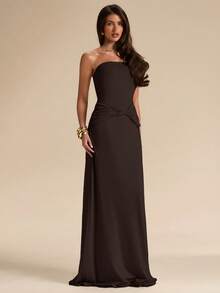 SHEIN BAE Apricot Solid Color Sleeveless Fitted Maxi Knit Dress, Minimalist Elegant Dress, Summer Casual Dress,Wedding Guest Dress Women - Coffee Brown - View 4