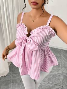GlowEve CURVE Plus Size Slimming Flared Striped Casual Camisole For Women, Spring/Summer - Pink - View 6