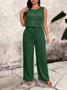 Breezaya Plus Size Solid Color Round Neck Backless Lace Sleeveless Elastic Waist Jumpsuit With Buttons - Green - View 3