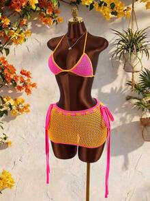 Amplova Women's Vacation Beach Contrast Trim Backless Halter Knit Top And Skirt 2 Pieces Set - Hot Pink - View 3