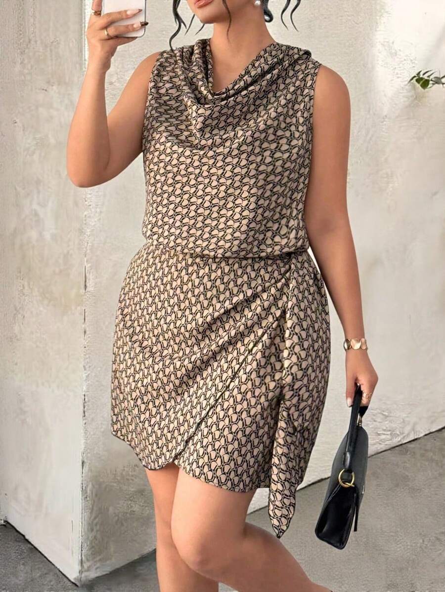 SHEIN Elenzya 大码女式梭织印花荷叶边领不对称系带优雅夏季无袖连衣裙 - 彩色 - 查看 1