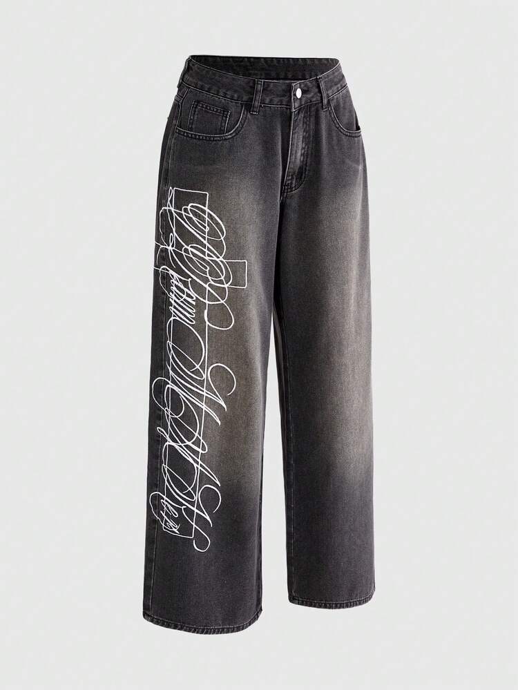 ROMWE Grunge Punk Quần jeans ống rộng dáng suông, thêu chữ và họa tiết chữ thập, chất liệu denim mài, thích hợp mặc hàng ngày đi làm, dành cho nữ, thời trang thường ngày. - Màu xám đen - Xem 5
