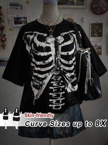 SHEIN CURVE+ 黑色针织面料万圣节骷髅印花休闲上衣，常规长度，大圆领，半露肩袖，哥特风女装骷髅衬衫，哥特风上衣，加大码宽松T恤 - 黑色 - 查看 1