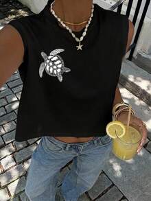 Siren Gaze Áo tank top crop không tay cổ tròn, phong cách tối giản, cổ điển, thanh lịch, đa năng, ấm áp, in họa tiết, thích hợp cho đi biển/nghỉ mát, dành cho nữ mùa hè. - màu đen - Xem 6