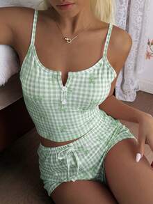 CottageSlumber Conjunto de pijama casual de corte ajustado con estampado de lazo a cuadros rosas y botones blancos - Verde - Ver 3