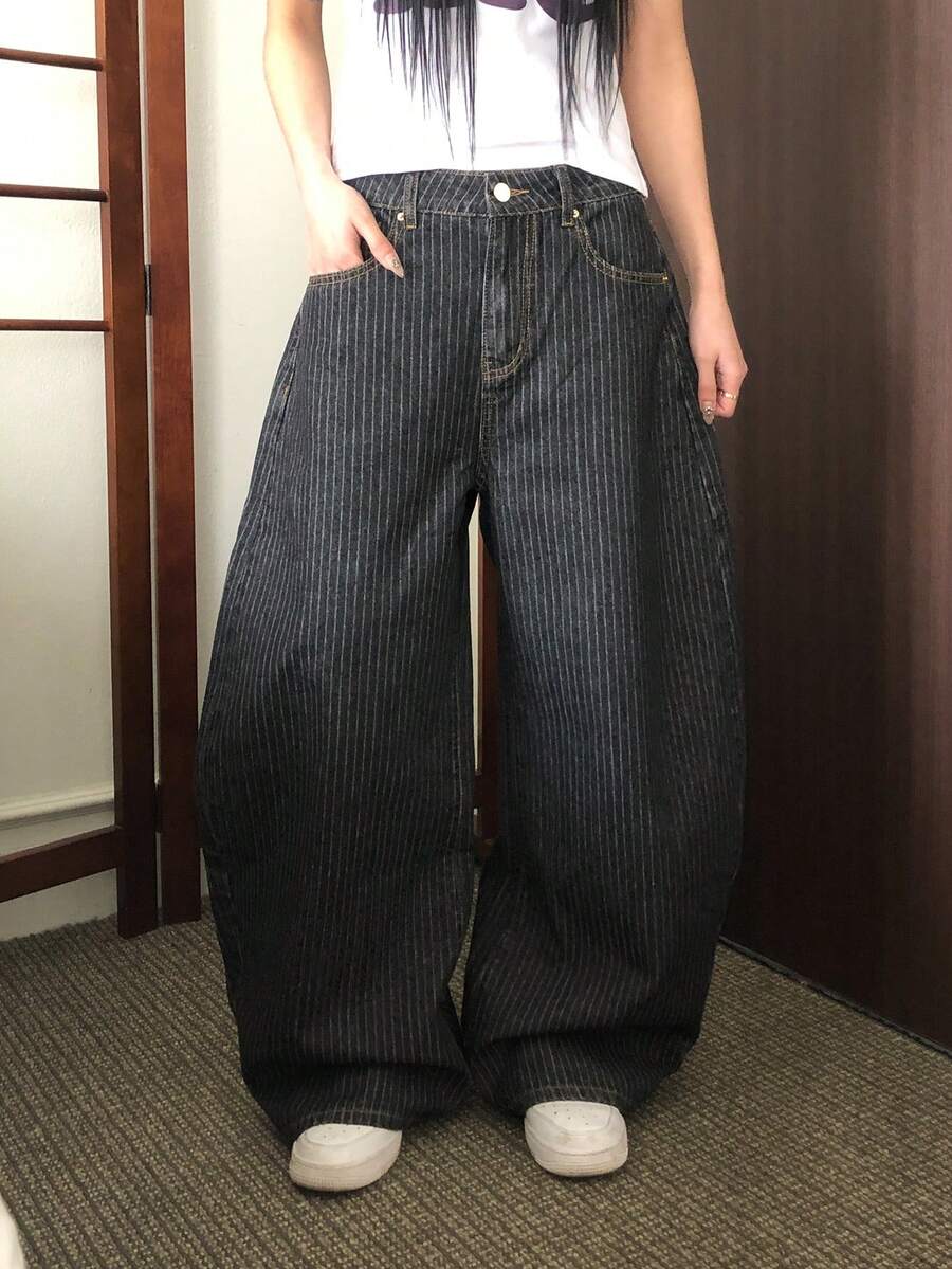 DAZY Women's Striped Korean Style Casual Loose Fit Jeans - Black - View 1