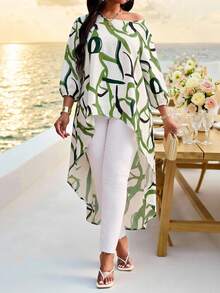 SHEIN Lady 春夏优雅通勤办公休闲波西米亚风彩色编织圆领高低袖七分袖大码T恤 大码衬衫 - 彩色 - 查看 4