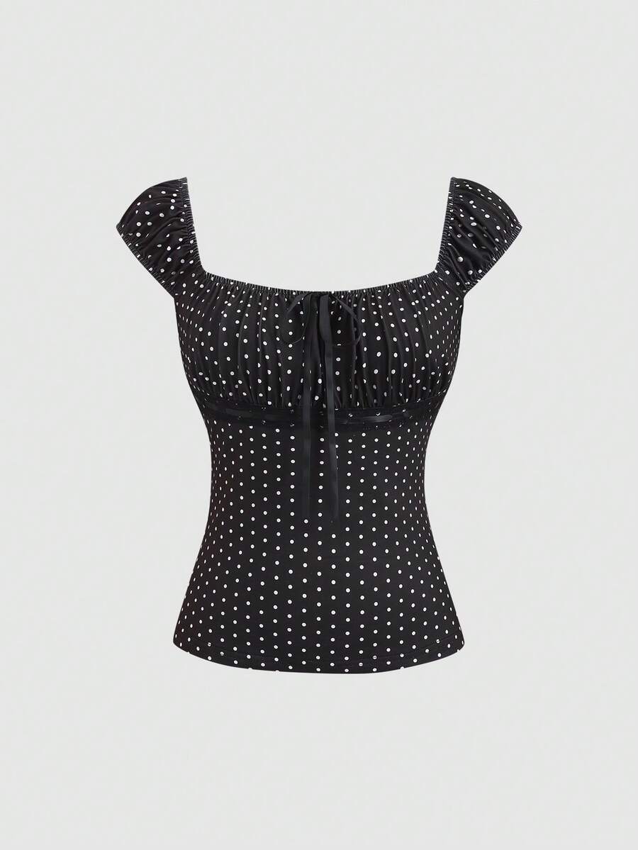 Sweetra Retro American Style Polka Dot Square Collar Bow Lace Patchwork Fitted Summer T-Shirt For Women - Black - View 1