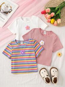 Emery Rose Kids Set de 3 camisetas casuales de niña con cuello redondo de unicolor, rayas y flores 3D tejidas - Multicolor - Ver 5