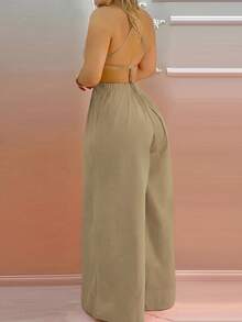 EMERY ROSE Women's Casual Halter Tie Back Straight Leg Jumpsuit - Khaki - View 2