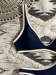 Swim Vcay White Trim Bikini Set. Black Body With White Trim Design, High Cut Triangle Bottom - Royal Blue - View 3