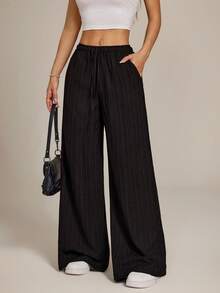 SHEIN PETITE Quần Palazzo nữ đa năng, chất liệu vải dệt, xếp ly, có túi, cạp chun, có dây rút. - màu đen - Xem 3