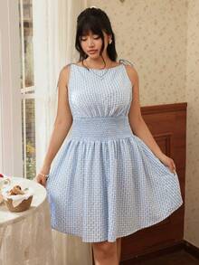 CovetEZ Vestido xadrez plus size feminino sem mangas com amarração nos ombros e cintura - Azul e branco - Ver 5