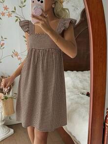 SHEIN Retro Brown Plaid Square Collar Cap Sleeve Women Nightgown - Brown - View 3