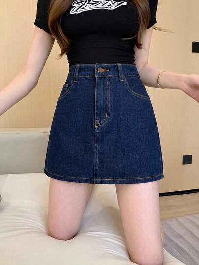 Tween Girls Fashion Casual Y2k Vintage Cool Street Dark Blue Denim With Matching Undershirt Short Half-Length Skirt For Tween Girl Clothes Tween Girls Dailywear And Tween Girl Spring To Summer Rave Outfits Festival And Outfits Streetwear Clothes