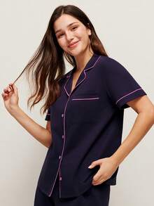LUVLETTE Soft 100% Pure Cotton Contrast Trim Short-Sleeve Basic Button-Up Top & Pants Loungewear Pajama Set - Navy Blue - View 8
