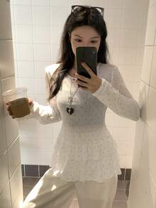 DAZY 女士波点印花圆领荷叶边薄纱长袖T恤 - 白色 - 查看 4
