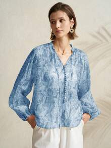 Women's New Loose Fit Elegant Yellow Floral Print Linen Long Sleeve Shirt - Blue - View 4