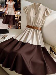 GlowEve All Pastal Summer Elegant Sexy Tea Party Golf, Collared Puff Sleeve Contrast Ruffle Textured Fabric Short Sleeve Dress, Daily Wear, Weddings, Gala - Apricot - View 1