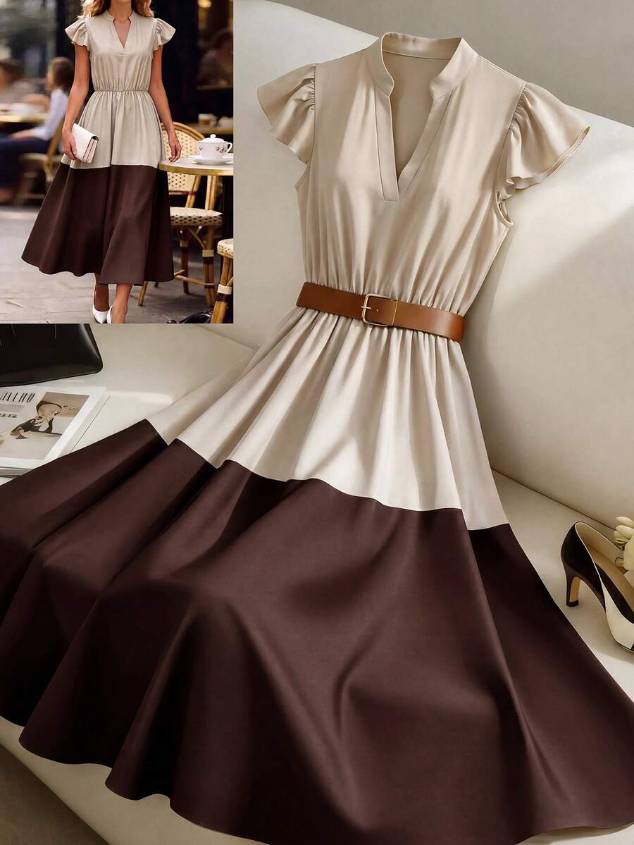 GlowEve All Pastal Summer Elegant Sexy Tea Party Golf, Collared Puff Sleeve Contrast Ruffle Textured Fabric Short Sleeve Dress, Daily Wear, Weddings, Gala - Apricot - View 1