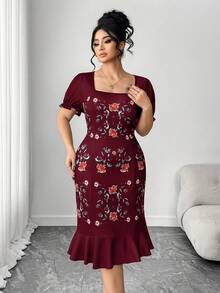 Elenzga Große Größen Kleid mit quadratischem Ausschnitt, französischer Stil mit Blume Muster und Rüschensaum - Bordeaux - Übersicht 3