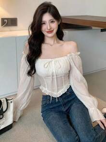 DAZY 春夏情人節婚禮宴會派對洋裝 時尚修身優雅通勤風 蕾絲拼接鏤空方領抽繩綁帶荷葉邊魚骨拼接白色長袖女式襯衫 - 白色 - 查看 2