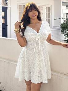 SHEIN EZwear Plus Size Summer Vacation Hollow Out Embroidery Front Drawstring Dress - White - View 7