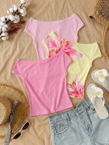 3pcs/Set Girls Vacation Tight Off-Shoulder Multicolor T-Shirts,Squishy,Cotton,,Tween Girl Clothes,Summer Clothes,Vacation ,Summer Outfits,Girls Outfits,Flowers,Vacation - Pink - View 4