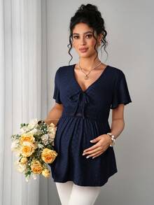 Momance Áo thun bầu dáng thanh lịch, thêu họa tiết rỗng, xếp ly ở ngực, kiểu dáng thường ngày. - Màu xanh lam - Xem 3