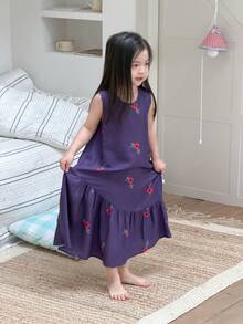 Dazy Kids Đầm xếp ly cổ chữ V họa tiết hoa nhí cho bé gái (size nhỏ) mặc nhà - Màu tím - Xem 3
