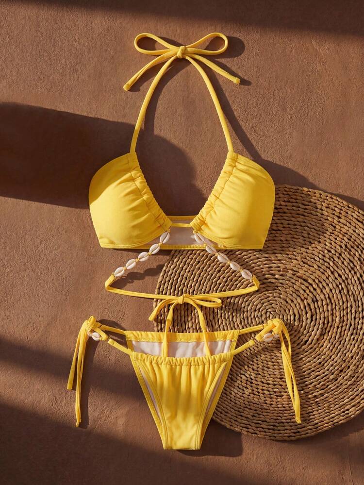 Women's Sexy Backless Tie-Back Shell Decor Bikini Set, Suitable For Beach, Vacation