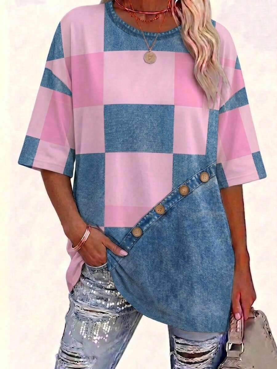 EMERY ROSE Camiseta casual de cuello redondo de manga corta con estampado de patchwork, edición primavera/verano - Multicolor - Ver 1
