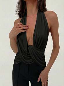 Aloruh Blusa sin mangas con cuello drapeado, estilo artístico y divino para mujer, nueva para primavera/verano - Negro - Ver 6