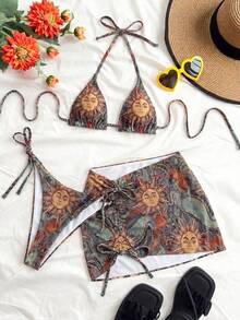 Soleia Bộ bikini nữ kiểu retro mới, họa tiết thần mặt trời vàng, paisley và hoa văn cổ điển, buộc dây cổ, thời trang và gợi cảm. - Nhiều màu - Xem 1