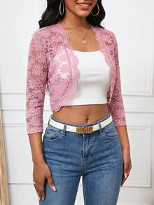 SHEIN Lady Áo khoác nữ thanh lịch, nhẹ, tay lửng 3/4, ren hoa, kiểu dáng mở phía trước. - Hồng - Xem 3