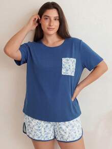 Doze Lane Plus Size Split Printed Contrast Color Shorts & Short Sleeve Pajama Set With Pockets - Multicolor - View 5
