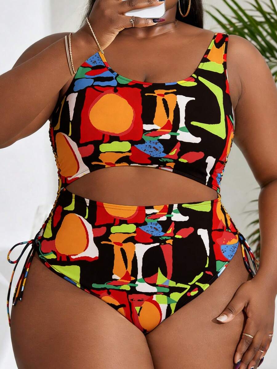 Slaydiva Traje de baño de una pieza con cordón lateral para mujer de talla grande - Negro - Ver 1