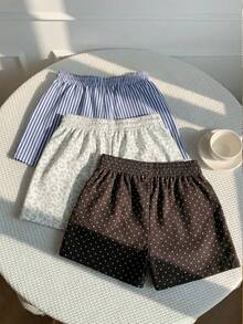 SHEIN EZwear 3件套女士舒适短裤休闲复古优雅通勤百搭暖蓝白条纹棕色波点印花图案，沙滩/度假套装，夏季服装，短裤，梭织面料 - 彩色 - 查看 2