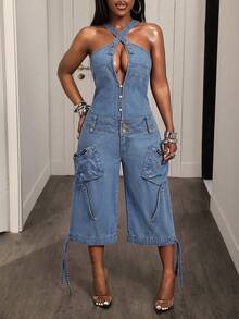 BamGleam Women's Sleeveless Hollow-Out Fashionable Denim Jumpsuit, Summer - Light Wash - View 3