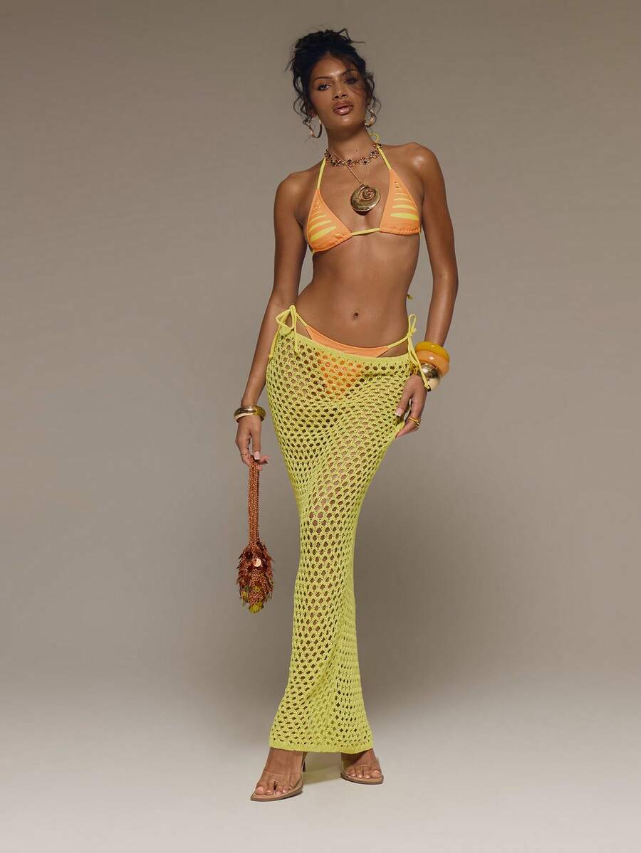 MUSERA 镂空钩针编织修身长裙，适合春夏假期、节日庆典、锐舞派对、海滩狂欢节等场合。 - 黃色 - 查看 1