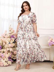 Reflora 大码印花方领扭结前襟短袖连衣裙 - 彩色 - 查看 8