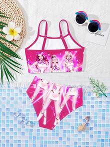 SHEIN Bộ đồ bơi hai dây ôm sát và bikini tam giác dành cho bé gái, thích hợp cho mùa hè. - Nhiều màu - Xem 2