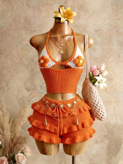 SHEIN BamGlam Conjunto de dos piezas de punto amarillo para mujer - Top con recorte de flor 3D y tirantes con lazo & Falda con volantes multicapa - Conjunto de verano para vacaciones Outfit de verano amarillo Outfit de playa para mujer Blusas casuales para mujer